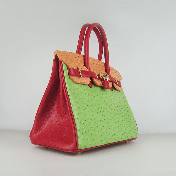 Replica Hermes Birkin 30CM Ostrich Veins Leather Bag Red/Orange/Green 6088 On Sale - Click Image to Close